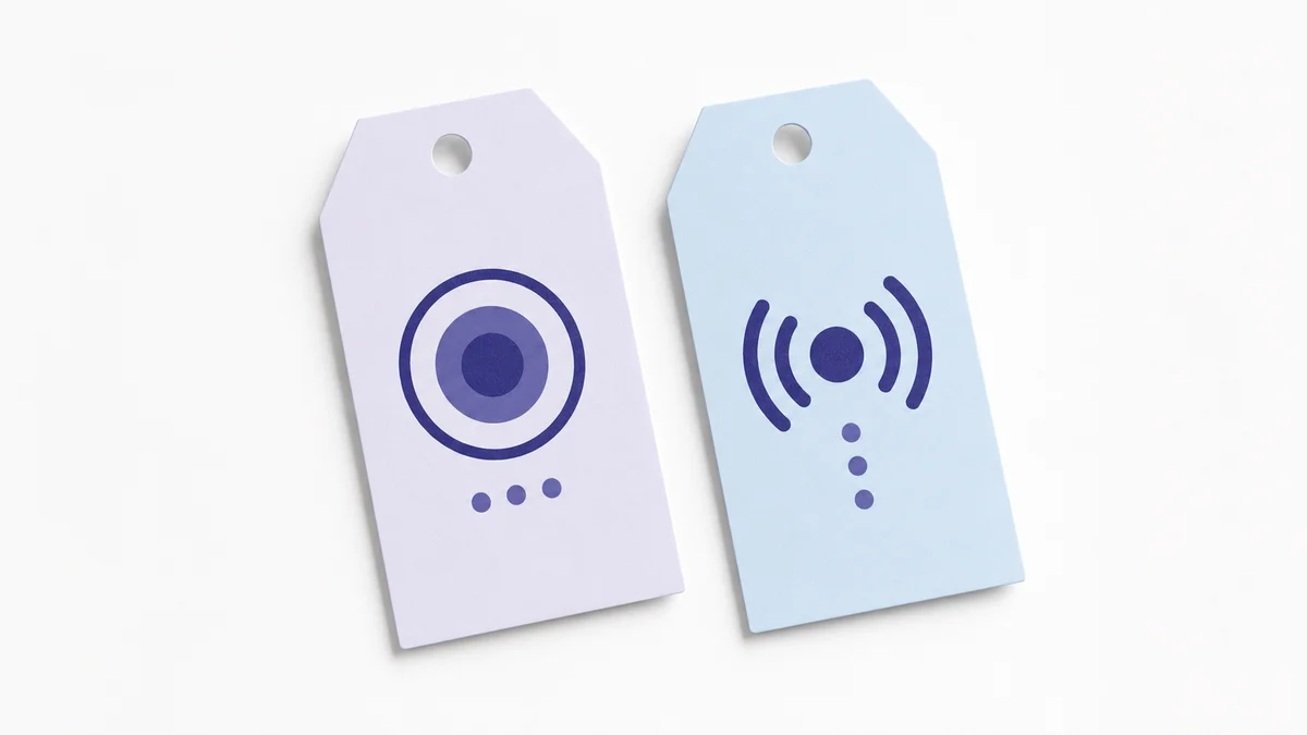 Two labeled tags side by side on a plain surface, one marked first-party, one third-party