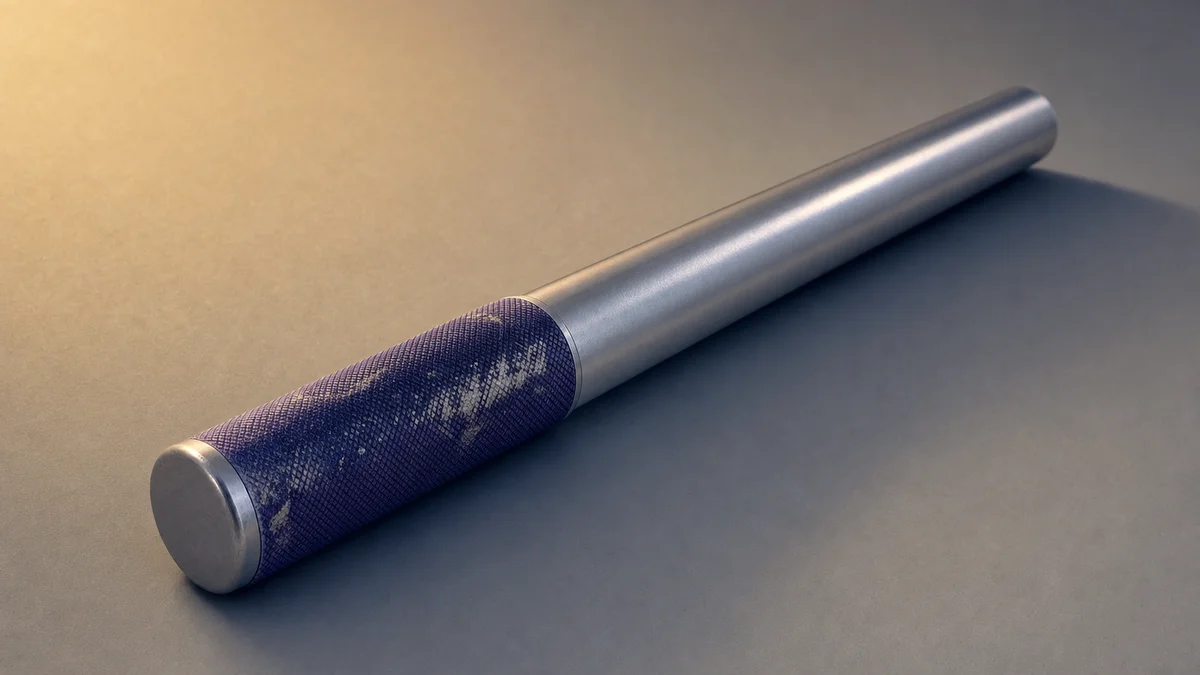 A relay baton lying at a diagonal on a plain light-colored surface, grip facing camera