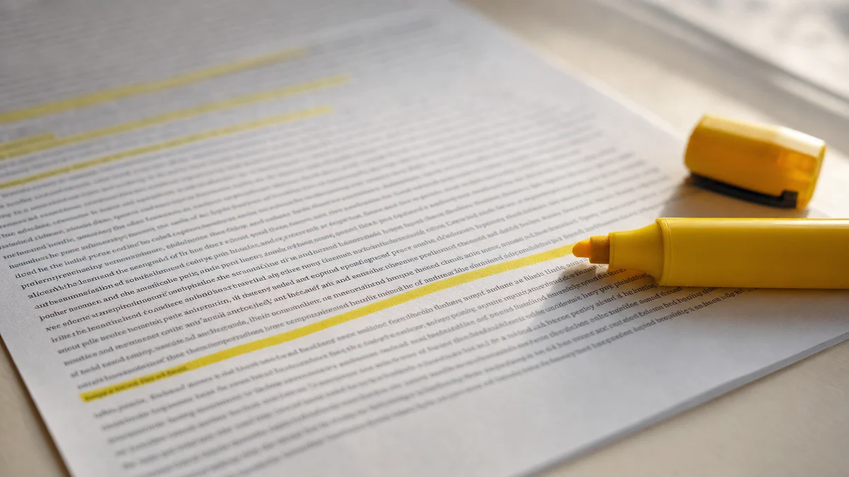 Macro close-up of a printed research paper with a highlighter tracing a citation line