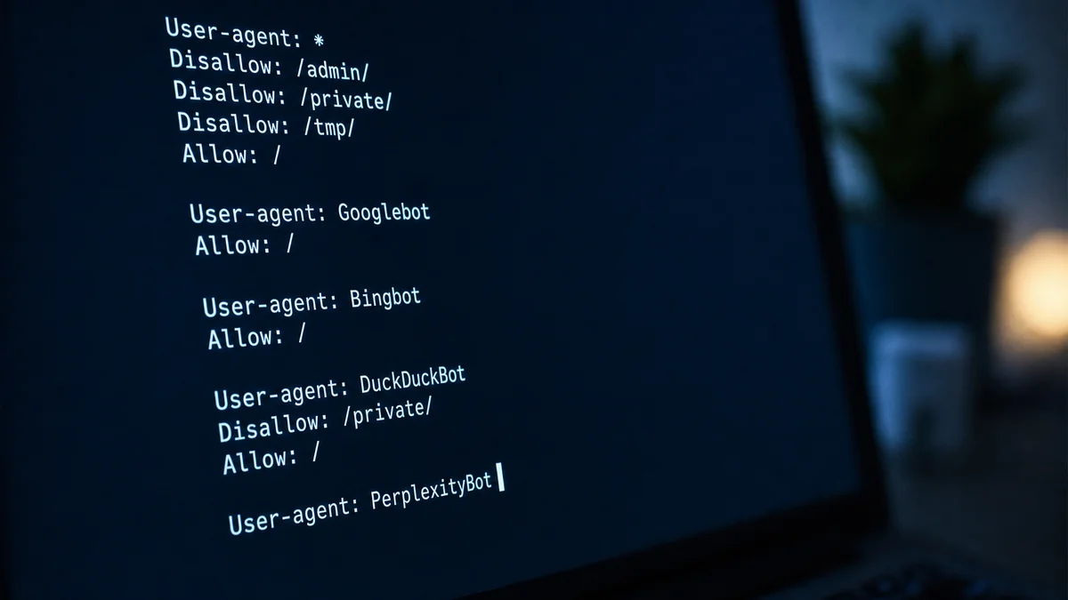 Macro close-up of a robots.txt file on a laptop screen with bot directives visible