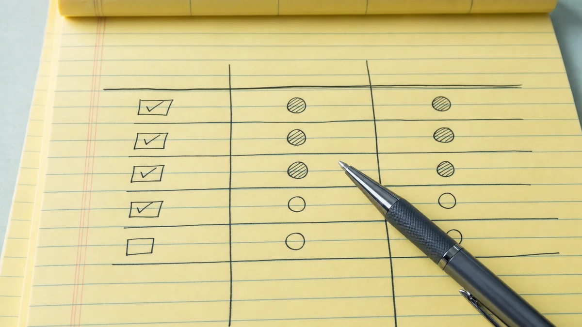 Macro close-up of a hand-drawn content audit table with columns labeled Access, Answer Fit, Trust