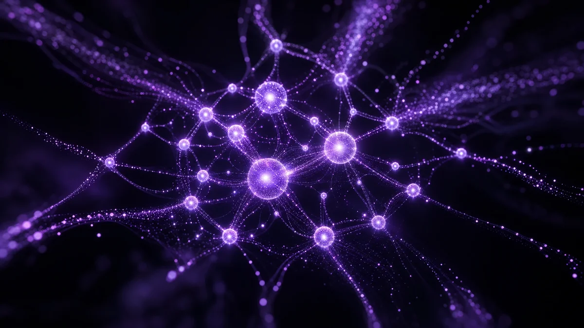 Abstract violet particle streams forming a knowledge graph network on dark background
