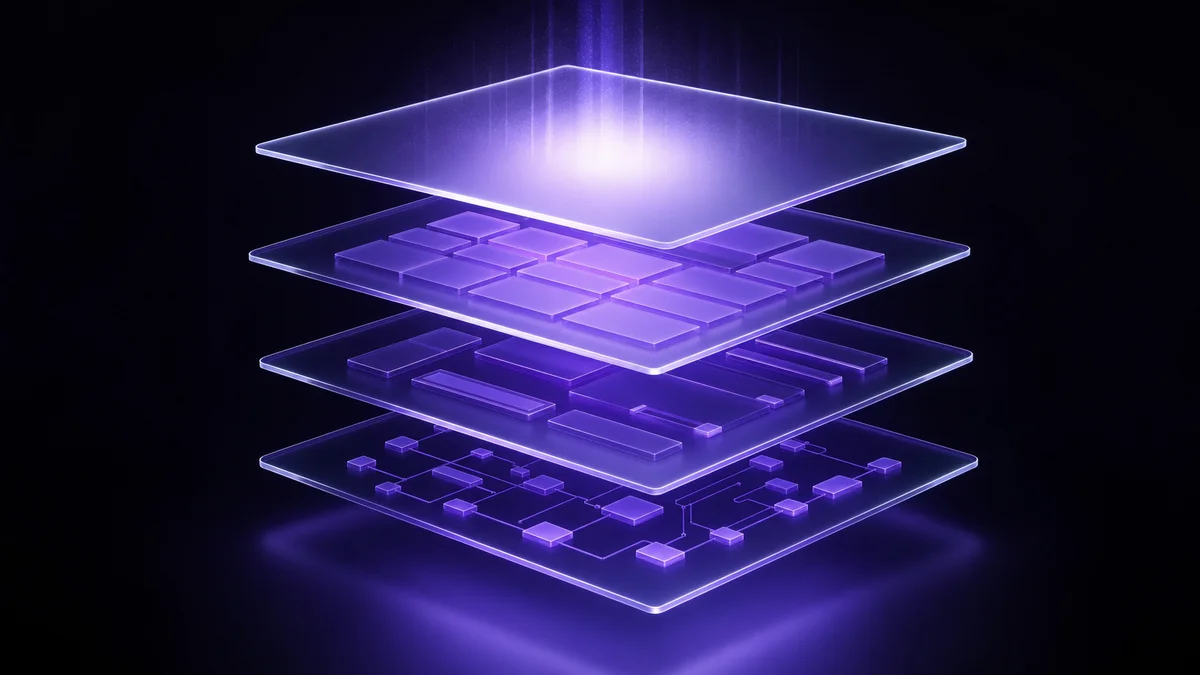 Structured content blocks as glowing geometric layers separating to reveal answer hierarchy