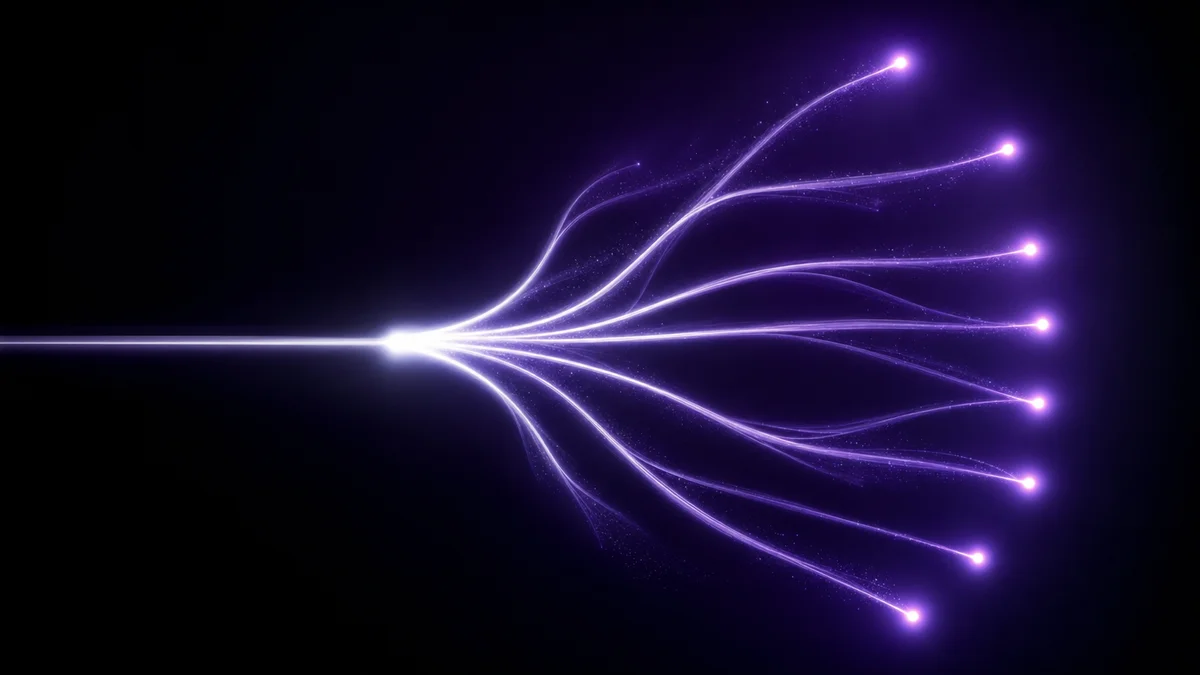Light trails branching into a tree of sub-queries representing AI query fan-out