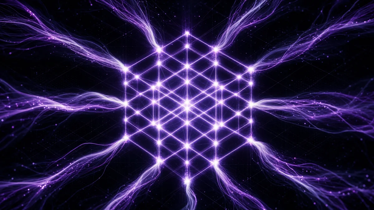 Flowing energy streams converging into a geometric lattice representing entity authority signals
